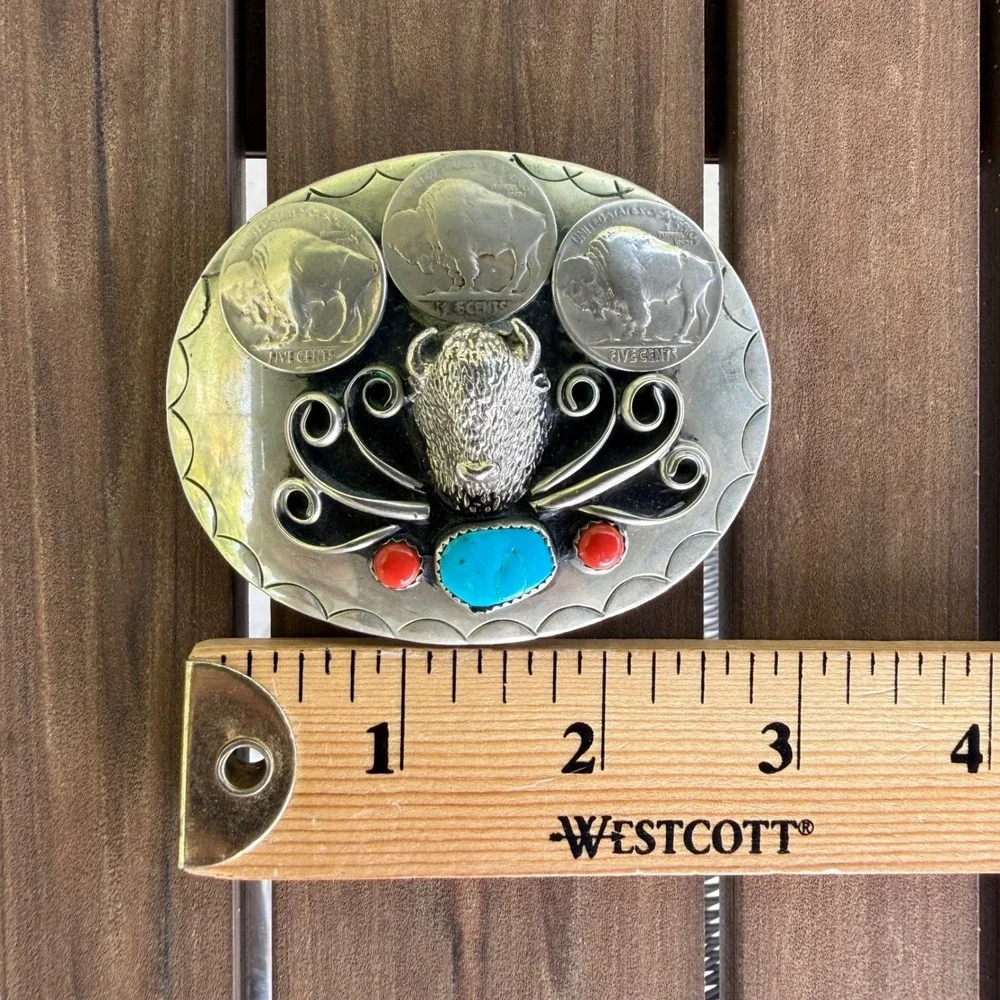 Vintage Buffalo Nickel Belt Buckle Turquoise Coral Southwestern Western Silver